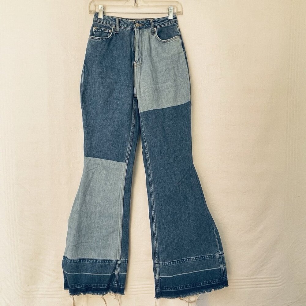 Free People Flare Jeans Womens 25 High Rise Raw Hem Patchwork Tall‎ Boho Grunge